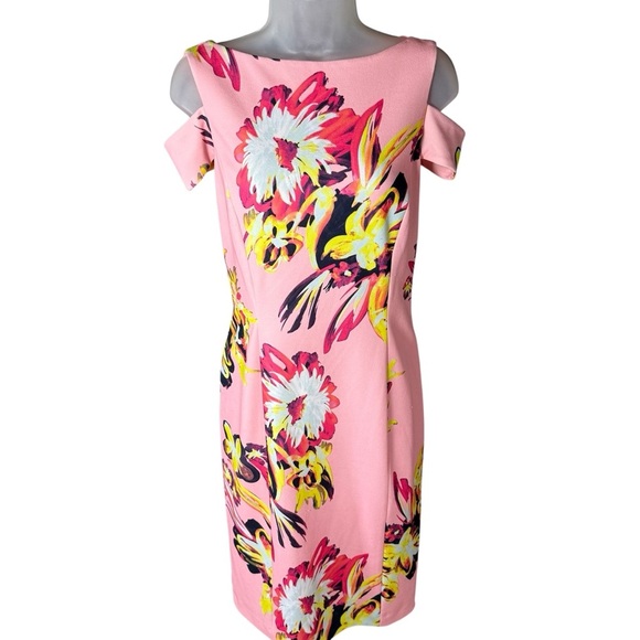 Tahari Arthur S. Levine Dress Size 6 Pink Floral Burst Sheath Wedding Guest - Picture 3 of 11
